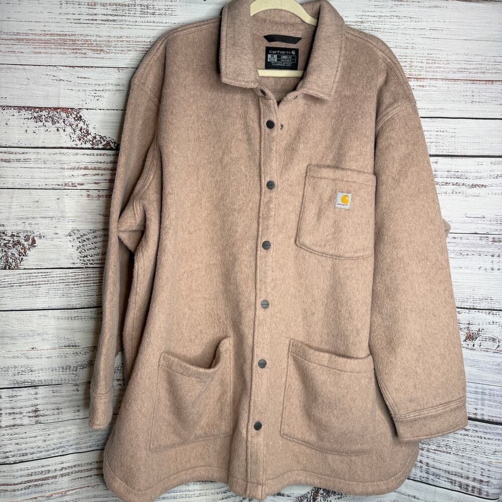 Carhartt Loose Fit Fleece Shirt Jacket  Shacket Pink/Beige Snap Front 3X - Picture 2 of 8